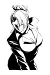  1girl blue_eyes breasts cleavage earrings eyepatch formal fringe hair_up jewelry king_of_fighters large_breasts leaning_forward licking_lips mature_(kof) monochrome pant_suit ponytail s_tanly snk spot_color suit updo 