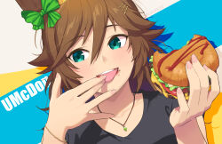  1girl alternate_costume aqua_eyes blue_background brown_hair burger commentary_request dutch_angle ear_ornament fingernails food highres holding holding_food horse_girl jewelry ketchup long_hair looking_at_viewer mr._c.b._(umamusume) mukakin necklace open_mouth smile solo tongue tongue_out two-tone_background umamusume upper_body very_long_hair white_background yellow_background 