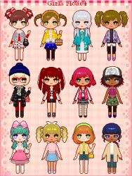  6+girls aqua_hair bag bespectacled blonde_hair blue_eyes blue_hair bow braid brown_eyes brown_hair cardigan character_request chibi chibi_only commentary_request dark-skinned_female dark_skin everyone fashion floral_print full_body girls_mode_4 glasses green_eyes grey_cardigan grey_hair gyaru hair_bow handbag hat highres lolita_fashion long_hair looking_at_viewer multiple_girls okuya open_cardigan open_clothes orange_hair pants pink_hair pixel_art redhead short_hair short_twintails shorts skirt style_savvy_(video_game_series) sweet_lolita tan twin_braids twintails very_dark_skin 