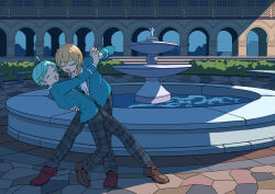  2boys :d =_= ahoge architecture bench blazer blue_jacket brown_footwear closed_eyes colonnade column dancing dip_(dance_move) ensemble_stars! evening fountain full_body grey_pants hakaze_kaoru hands_on_another&#039;s_back highres holding_hands jacket leaning_back loafers male_focus multiple_boys open_mouth outdoors pants pillar plaid_clothes plaid_pants scenery school_uniform shinkai_kanata shirt shoes smile stone_bench sunlight triangle_mouth u_u water white_shirt xfyf4457 yumenosaki_school_uniform 