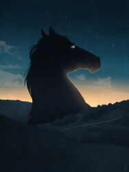  animal animal_focus black_hair blank_eyes blue_sky bush clouds commentary dappermouth dawn dim_lighting english_commentary from_behind gradient_sky highres hill horizon horse horse_head morning night night_sky no_humans orange_sky original outdoors oversized_animal realistic road scenery sky star_(sky) starry_sky street surreal white_eyes 