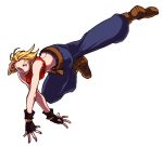  baggy_pants bare_shoulders belt blonde_hair blue_eyes blue_mary boots crop_top fatal_fury fingerless_gloves flying_kick gloves halter_top halterneck itkz_(pixiv) kicking king_of_fighters midriff short_hair snk solo 