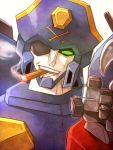  captain_shark cigar eyepatch hat itaru_souga lowres mecha no_humans ougon_yuusha_goldran pirate_hat simple_background smoke smoking solo yuusha_series 