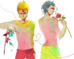  ahoge black_hair blonde_hair blue_hair blue_rose earrings fate/zero fate_(series) flower gilgamesh heart heart_of_string jewelry lancer_(fate/zero) male mctee mole multiple_boys necklace red_eyes red_rose rose shirtless shorts white_background wink yellow_eyes 