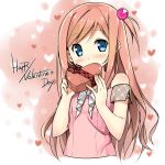  bare_shoulders blue_eyes blush bow brown_hair bust casual covering_mouth gift hair_bobbles hair_ornament hands happy_valentine heart kantoku_(style) long_hair looking_at_viewer one_side_up original pink_hair ribbon sky_(freedom) solo valentine 