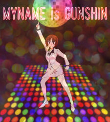  alternate_costume brown_eyes brown_hair dancing disco disco_ball formal girls_und_panzer matsumoto_(matsumoto_kougyou) nishizumi_miho parody pencil_skirt saturday_night_fever shirt short_hair skirt suit white_shirt white_skirt 