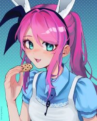  1girl :3 alternate_costume alternate_hairstyle animal_ear_hairband animal_ears apron aqua_background aqua_eyes arm_at_side artist_name aubrey_(faraway)_(omori) aubrey_(omori) bad_id bad_instagram_id black_hairband blue_background blue_shirt blush bow_hairband buttons collared_shirt fake_animal_ears fingernails gradient_background hair_intakes hairband hand_up highres idawnrunner jewelry lace-trimmed_apron lace_trim long_hair looking_at_viewer necklace omori open_mouth polka_dot polka_dot_background ponytail puffy_short_sleeves puffy_sleeves rabbit_ear_hairband rabbit_ears shirt short_sleeves sidelocks simple_background smile solo something_(omori) tongue upper_body white_apron 