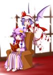 :&gt; :o adapted_costume ankle_boots bat_wings blush_stickers book bow chair crescent dress eichi_yuu flying hair_bow hat hat_bow head_rest highres lavender_hair long_hair looking_away multiple_girls patchouli_knowledge pointy_ears purple_hair reading red_carpet red_eyes remilia_scarlet ribbon short_hair sitting the_embodiment_of_scarlet_devil touhou twintails very_long_hair window wings wrist_cuffs 