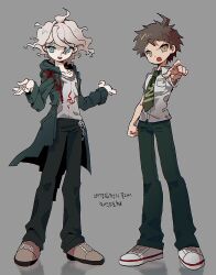  2boys :d ahoge brown_hair collarbone d: danganronpa_(series) danganronpa_2:_goodbye_despair full_body green_jacket green_necktie grey_background grey_hair hair_between_eyes highres hinata_hajime hood jacket kkachi_(kkatch1) komaeda_nagito long_sleeves male_focus medium_hair messy_hair multiple_boys necktie open_clothes open_jacket open_mouth pants pointing pointing_at_viewer shirt shoes short_hair smile standing translation_request v-shaped_eyebrows white_shirt 