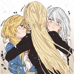  3girls asuka_(junerabitts) azur_lane bismarck_(azur_lane) blonde_hair blue_dress blue_eyes blush commentary_request dress gloves hat hood_(azur_lane) hug long_hair long_sleeves military_hat multiple_girls smile tanaka_atsuko tirpitz_(azur_lane) translation_request voice_actor_connection white_gloves white_hair 
