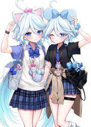 2girls ;) absurdres ahoge alternate_costume animal_ear_hairband animal_ears arm_up bag black_bag black_shirt blue_bow blue_bowtie blue_eyes blue_hair blue_necktie blue_pupils blue_shirt blue_skirt blush bow bowtie breasts brown_sweater cat_ear_hairband cat_ears clothes_around_waist commentary_request cowboy_shot disney dress_shirt drop-shaped_pupils fake_animal_ears focalors_(genshin_impact) furina_(genshin_impact) genshin_impact hair_between_eyes hairband hand_on_another&#039;s_arm heterochromia highres ineka_ka lanyard light_blue_hair long_hair looking_at_viewer medium_breasts mouse_ears multicolored_hair multiple_girls necktie one_eye_closed patterned_clothing pink_bow pleated_skirt shirt short_sleeves shoulder_bag simple_background skirt small_sweatdrop smile streaked_hair sweater sweater_around_waist symbol-shaped_pupils thigh_strap very_long_hair vest white_background white_bag white_hair white_vest