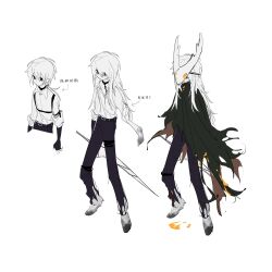  1other black_cape black_pants cape empty_sleeve full_body highres holding holding_sword holding_weapon hollow_knight hollow_knight_(character) horned_mask iotaone long_hair low_ponytail mask missing_limb nail_(hollow_knight) pants personification sword very_long_hair weapon white_hair 