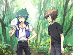  2boys belt black_pants black_shirt blue_jacket branch brown_eyes brown_hair bush dirt facing_to_the_side facing_viewer forest frilled_sleeves frills green_eyes green_hair grey_pants hand_fan hand_on_own_hip holding holding_fan jacket johan_andersen leaf looking_at_another moribuden multiple_boys nature open_clothes open_jacket open_mouth outdoors pants shirt sweatdrop tree white_shirt yu-gi-oh! yu-gi-oh!_gx yuki_judai 