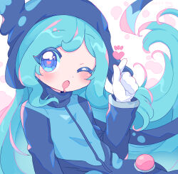  1boy ;o absurdly_long_hair aqua_hair aqua_jacket black_hat black_jacket blue_eyes blush drooling ecolo_(puyopuyo) finger_heart floating_hair gloves hand_up hat hat_flaps heart heart-shaped_pupils highres jacket long_hair male_focus mouth_drool multicolored_clothes multicolored_jacket one_eye_closed open_mouth otoko_no_ko pink_pupils puyopuyo raised_eyebrows shinonome_pinano simple_background solo symbol-shaped_pupils two-tone_jacket unusual_ecolo upper_body very_long_hair white_background white_gloves 