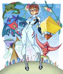  1girl 6+others angel_(evangelion) artist_name breasts brown_hair bubble_bass creature full_body highres israfel_(evangelion) man_ray_(spongebob_squarepants) monster multiple_others neon_genesis_evangelion parody patrick_star percodine ramiel_(evangelion) sachiel_(evangelion) sahaquiel_(evangelion) sand sandy_cheeks shamshel_(evangelion) sheldon_j._plankton spongebob_squarepants spongebob_squarepants_(character) spongebob_squarepants_(series) squidward_tentacles standing teeth zeruel_(evangelion) 