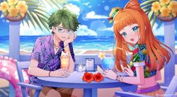  1boy 1girl aikatsu!_(series) aikatsu_stars! beach bird blue_shirt blue_sky blush bow-shaped_hair bracelet brown_shorts candle chair clouds cropped_shirt day dot_nose drink drinking_straw earrings fang floral_print flower from_behind glasses green_eyes green_hair hand_on_own_chin hand_on_table hands_on_table hat head_rest horizon jewelry kira_kanata lapels lens_flare long_hair looking_at_viewer looking_back mini_hat mocodogwan10 necklace notched_lapels on_chair open_mouth orange_hair outdoors purple_shirt red_flower sand saotome_ako shirt short_hair short_sleeves shorts sitting skirt sky straight_hair swim_ring table twitter_username water white_bird yellow_flower yellow_hat yellow_skirt 