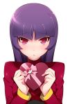  :o akira_(natsumemo) bow bust gym_leader heart holding_gift incoming_gift long_hair looking_at_viewer natsume_(pokemon) open_mouth poke_ball pokemon pokemon_(game) pokemon_rgby purple_hair red_eyes ribbon simple_background solo valentine white_background 