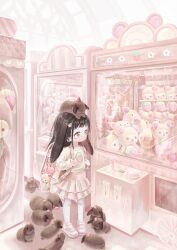  1girl :o :x animal animal_ears animal_on_head backpack bag black_hair blush brown_eyes character_doll child claw_mark commentary_request doubutsunoujyou floppy_ears food food-themed_hair_ornament food_print fruit hair_ornament hairclip heisei_retro highres korilakkuma layered_skirt long_sleeves mole mole_under_eye my_melody on_head onegai_my_melody original pantyhose parted_lips pigeon-toed pink_footwear pink_skirt pleated_skirt print_shirt rabbit rabbit_ears randoseru san-x sanrio shirt shoes skirt sleeves_past_wrists solo standing strawberry strawberry_hair_ornament strawberry_print stuffed_animal stuffed_toy teddy_bear white_pantyhose white_shirt yume_kawaii 