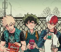  3boys bag bakugou_katsuki blonde_hair boku_no_hero_academia coffee commentary cup doritos eating english_commentary freckles gabriel_picolo green_hair hair_between_eyes highres holding holding_cup looking_at_another male_focus midoriya_izuku multicolored_hair multiple_boys one_eye_closed redhead scar scar_on_face school_bag short_hair smile todoroki_shouto two-tone_hair upper_body white_hair 