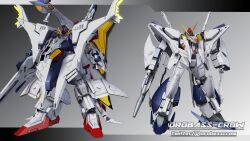  3d absurdres beam_rifle commentary_request earth_federation energy_gun gradient_background gundam gundam_hathaway&#039;s_flash highres inviter_oro looking_at_viewer machinery mecha mecha_focus missile_pod mobile_suit no_humans penelope_(hathaway&#039;s_flash) robot shield signature v-fin weapon xi_gundam 