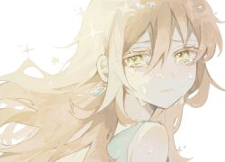  1girl backlighting bare_shoulders closed_mouth colored_eyelashes crying crying_with_eyes_open earrings hair_between_eyes highres jewelry long_hair looking_at_viewer looking_back orange_hair original portrait simple_background sippudayo sparkle star_(symbol) tears white_background yellow_eyes 