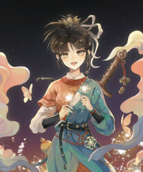  1girl :d absurdres an-an_lee black_hair bug butterfly chinese_clothes fei_zou_yi_guo_gezi fireworks gourd gradient_sky green_robe hanfu highres holding holding_fireworks jian_(weapon) layered_sleeves long_sleeves looking_at_viewer medium_hair night night_sky official_alternate_costume red_shirt reverse:1999 robe shirt short_over_long_sleeves short_sleeves sky smile smoke solo sparkler straight-on sword upper_body weapon weapon_on_back weibo_logo weibo_watermark xiao_guan_(headdress) yellow_butterfly yellow_eyes 