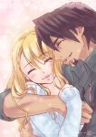  1girl ^_^ blonde_hair brown_hair closed_eyes eyelashes eyes_closed hug kaburagi_t_kotetsu karina_lyle katsuki_ichiru lips necktie sleeves_past_wrists smile tiger_&amp;_bunny 