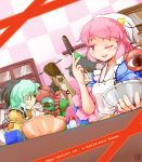  :q alternate_hairstyle apron arm_cannon black_hair bow bowl braid chocolate cooking dutch_angle eyeball green_eyes green_hair hair_bow happy_valentine head_scarf kaenbyou_rin kanoe_soushi komeiji_koishi komeiji_satori multiple_girls no_hat no_headwear paintbrush pink_hair red_hair redhead reiuji_utsuho third_eye tongue touhou twin_braids valentine weapon wink 