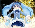  bad_id blue_eyes blue_hair blush bow coat earmuffs hatsune_miku komeya_(yo2mo2mo) long_hair open_mouth outstretched_arms skirt snowflakes solo twintails very_long_hair vocaloid yuki_miku 