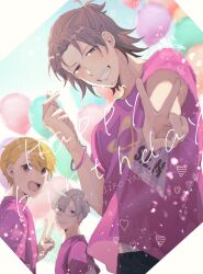  3boys ahoge balloon birthday black_pants blonde_hair character_name closed_mouth commentary_request dated english_text facial_hair glasses goatee_stubble grey_eyes grey_hair hands_up happy_birthday hazama_michio head_tilt highres idol idolmaster idolmaster_side-m kappa_zunda light_smile looking_at_viewer looking_to_the_side maita_rui multiple_boys mustache_stubble pants pink_shirt pink_wristband ponytail reaching reaching_towards_viewer shirt short_hair short_ponytail smile solo_focus stubble swept_bangs t-shirt teeth upper_teeth_only v wristband yamashita_jiro 