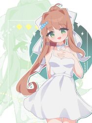  1girl anzen_robo_(474zz) arm_behind_back bare_shoulders blue_flower blush breasts brown_hair cowboy_shot doki_doki_literature_club dress flower green_eyes hair_flower hair_ornament hand_on_own_chest long_hair looking_at_viewer medium_breasts monika_(doki_doki_literature_club) open_mouth ponytail ribbon sparkle twitter_username very_long_hair white_background white_dress white_ribbon 