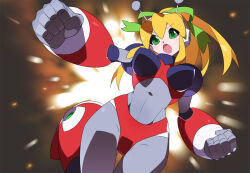  1girl android blonde_hair blurry blurry_background breasts green_eyes green_ribbon hair_ribbon high_ponytail hyper_roll_(marvel_vs._capcom) kaidou_zx large_breasts long_hair marvel_vs._capcom mega_man_(classic) mega_man_(series) ribbon robot_girl roll_(mega_man) solo 