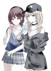  2girls absurdres baseball_cap black_hat black_jacket black_shorts blue_sweater_vest brown_hair chinese_commentary commentary_request cup disposable_cup drinking_straw girls_band_cry grey_eyes grey_hair grey_skirt hat highres holding holding_cup holding_ice_cream_cone ice_cream_cone iseri_nina jacket kawaragi_momoka long_hair long_sleeves looking_at_viewer low_twintails multiple_girls off_shoulder open_mouth plaid_clothes plaid_skirt pleated_skirt shirt short_hair short_sleeves short_twintails shorts sidelocks simple_background skirt sleeveless sleeveless_shirt sleeves_past_wrists sweater_vest twintails unmoving_pattern white_background white_shirt yingdaoyicha yuri 