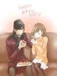  beanie birthday blush brown_eyes brown_hair cake closed_eyes couch couple eyes_closed female_protagonist_(persona_3) food hair_ornament hat heart persona persona_3 persona_3_portable sananan smile sweatdrop thigh-highs thighhighs trench_coat 