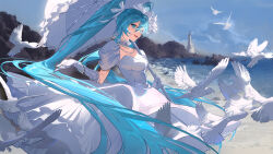  absurdly_long_hair absurdres aqua_eyes aqua_hair bird commentary_request day dress elbow_gloves gloves hatsune_miku highres holding holding_umbrella jewelry long_hair necklace outdoors parted_lips pearl_necklace pigeon twintails twitter_username umbrella very_long_hair vocaloid white_bird white_dress white_gloves white_umbrella 