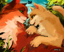  animal animal_focus bella_xjk blue_sky cat commentary_request couple eye_contact firestar_(warrior_cats) green_eyes highres leaf looking_at_another no_humans orange_cat orange_fur outdoors painterly partial_commentary sandstorm_(warrior_cats) signature sky tail thunderclan_emblem warrior_cats whiskers yellow_cat yellow_fur 