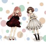  alternate_costume boots brown_hair closed_eyes collar cosplay costume_switch dress elbow_gloves eyes_closed flower gloves head_wreath just_be_friends_(vocaloid) long_hair megurine_luka meiko multiple_girls pink_hair polka_dot red_dress shadow short_hair standing sundress vocaloid white_dress young 