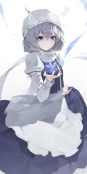  1girl absurdres apron blue_eyes blue_skirt blue_vest closed_mouth frilled_apron frills hair_between_eyes hat highres kenkxx letty_whiterock light_smile long_sleeves open_hand scarf short_hair skirt skirt_hold snowflakes solo standing touhou triangular_headpiece vest waist_apron white_apron white_background white_hat white_scarf 