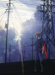  1boy bag black_pants black_shirt blue_sky brown_eyes brown_hair cable clouds cloudy_sky dappled_sunlight duffel_bag facing_viewer grey_footwear highres jacket looking_to_the_side moribuden outdoors pants red_jacket shadow shirt sky sunlight tonio_trussardi utility_pole wire yu-gi-oh! yu-gi-oh!_gx yuki_judai 