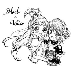  2girls :d arm_warmers black_arm_warmers black_gloves black_shirt blush bow character_name commentary_request cure_black cure_white detached_sleeves dress earrings eyelashes fingerless_gloves frilled_dress frilled_shirt frills futari_wa_precure gloves greyscale hair_bow hair_ornament half_updo happy heart heart_earrings highres jewelry long_hair looking_at_viewer magical_girl misumi_nagisa monochrome multiple_girls open_mouth precure shirt short_hair simple_background sketch smile wakuno_lemon white_background white_dress yukishiro_honoka 