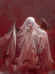  1girl alternate_costume bat_wings blood blue_hair bridal_veil dress expressionless hair_between_eyes hat highres jewelry light_blush long_dress looking_at_viewer necklace no_lineart red_background red_eyes reddizen remilia_scarlet short_hair solo touhou veil white_dress white_hat wings 