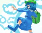  backpack bag blue_eyes blue_hair hair_bobbles hair_ornament hat kawashiro_nitori leg_lift monosenbei outstretched_arm randoseru short_hair skirt solo touhou twintails winwinmater 