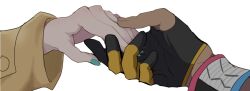  1boy 1girl brown_coat coat dynamax_band gloves hand_focus holding_hands leon_(pokemon) nail_polish partially_fingerless_gloves pokemon pokemon_swsh rem_(eyes_410) simple_background sonia_(pokemon) white_background 