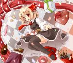  black_legwear blonde_hair blush box candy chocolate gift gift_box hair_ribbon heart highres hiiragi_tomoka mary_janes mouth_hold pocky red_eyes ribbon rumia shirt shoes short_hair skirt skirt_lift skirt_set solo sweets the_embodiment_of_scarlet_devil thigh-highs thighhighs touhou valentine vest youkai 