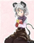 animal_ears blush box brown_dress capelet dress gift gift_box gloves grey_hair mouse_ears mouse_tail nazrin pantyhose red_eyes red_gloves sape_(saperon_black) scarf short_hair sitting solo tail tears touhou 