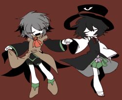  2others androgynous ascot black_coat black_hair black_hat black_shorts black_sleeves boots bow bowtie brown_coat brown_footwear brown_sleeves closed_eyes coat coat_hold collared_coat collared_shirt commentary detached_sleeves english_commentary enraku_tsubakura eye_of_senri full_body green_hakama green_skirt green_socks green_trim grey_coat grey_hair hakama hakama_short_skirt hakama_skirt hat high_contrast holding_hands houlen_yabusame japanese_clothes jinbei_(clothes) layered_sleeves len&#039;en ling_s long_sleeves multiple_others no_mouth open_mouth orange_ascot other_focus outstretched_arm puffy_short_sleeves puffy_sleeves red_background red_bow red_bowtie red_footwear red_hat sandals shirt short_hair short_over_long_sleeves short_sleeves shorts simple_background skirt sleeveless sleeveless_coat sleeveless_shirt smile socks tabi top_hat two-sided_coat two-sided_fabric two-sided_headwear white_shirt white_sleeves white_socks wide_sleeves zouri 