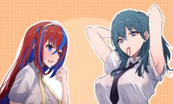  2girls alear_(female)_(fire_emblem) alear_(fire_emblem) alternate_costume black_necktie blue_eyes blue_hair braid breasts byleth_(female)_(fire_emblem) byleth_(fire_emblem) crossed_bangs crown_braid fire_emblem fire_emblem:_three_houses fire_emblem_engage green_hair heterochromia highres large_breasts lemonolem long_hair medium_breasts multicolored_hair multiple_girls necktie red_eyes redhead split-color_hair two-tone_hair 