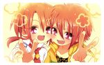  2girls character_request crossover fang hino_akane look-alike msp_sammy multiple_girls necktie precure red_eyes red_hair redhead short_hair smile smile_precure! tennis_no_ouji-sama tooyama_kintarou v yellow_background 