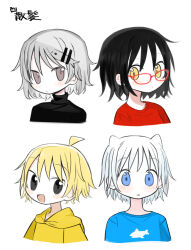  4girls agoshi_sakina ahoge alternate_hair_length alternate_hairstyle black_eyes black_hair black_sweater blue_eyes blue_shirt brown_eyes closed_mouth cropped_shoulders fish_hair_ornament glasses grey_hair hair_horns hair_ornament hairclip hood hood_down hoodie kokaki_mumose looking_at_viewer multiple_girls null-meta open_mouth print_shirt red-framed_eyewear red_shirt shirt short_hair simple_background smile souen_chiaki sweater t-shirt takada_shiyuki translation_request turtleneck turtleneck_sweater uozumi_kurumi white_background white_hair yellow_eyes yellow_hoodie 