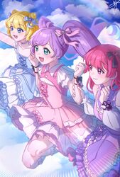  3girls :d arm_up bare_shoulders black_bow blue_bow blue_choker blue_dress blush bow choker clenched_hand clouds cloudy_sky dot_nose double_bun dress floating floating_hair frilled_dress frilled_sleeves frills green_eyes hair_bow hair_bun hands_up highres hojo_sophy holding_another&#039;s_arm idol layered_dress long_hair looking_ahead manaka_laala medium_dress meng_(prism_shining) minami_mirei multiple_girls night night_sky outdoors pink_bow pink_dress pink_hair pretty_series pripara purple_dress purple_hair short_hair short_sleeves signature sky smile star_(sky) starry_sky three_quarter_view twintails violet_eyes wrist_bow 